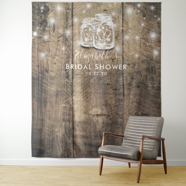 Bridal Shower Photo Backdrop Wood Mason Jar Lights Tapestry (In Situ)