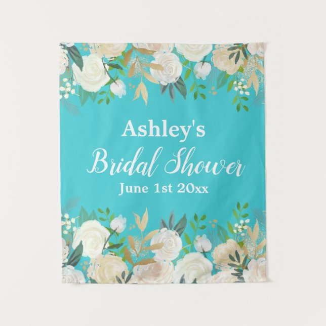 Bridal Shower Photo Booth Backdrop Blue Gold Prop Tapestry (Front)