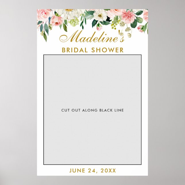 Bridal Shower Photo Booth Prop | Gold Pink Floral Poster (Front)