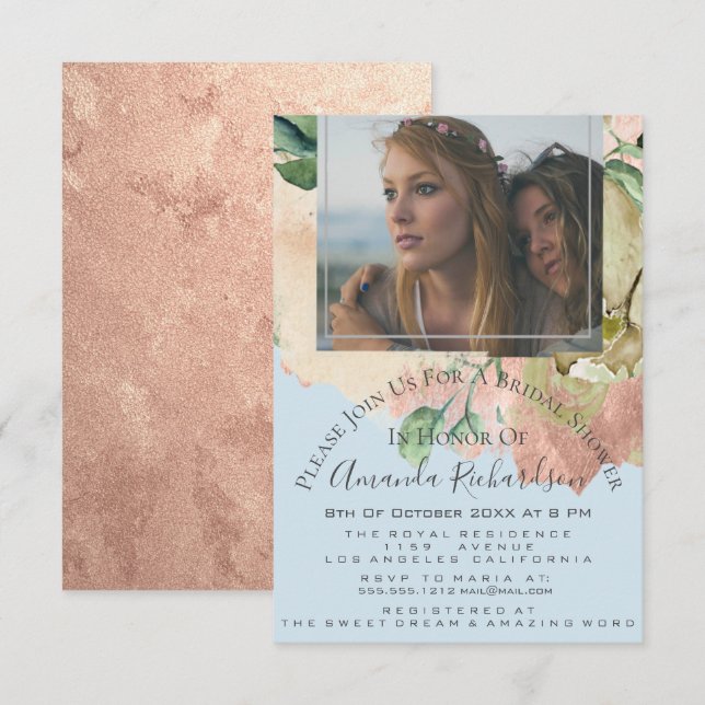 Bridal Shower Photo Floral Birthday Blue Peach Invitation (Front/Back)