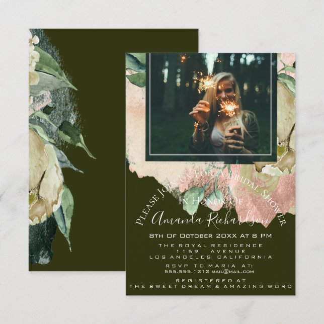 Bridal Shower Photo Floral Graduation Cali Green Invitation (Front/Back)