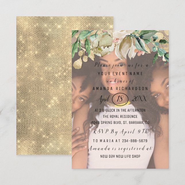 Bridal Shower Photo  Flowers Gold Spark Wreath Invitation (Front/Back)