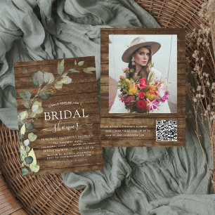 Bridal Shower Photo QR Code Eucalyptus Rustic Wood Invitation