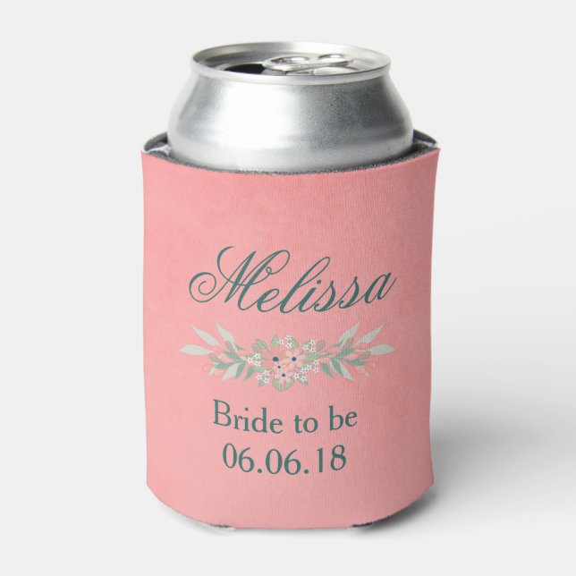 Bridal Shower Pink and Green Floral Can Cooler (Can Front)