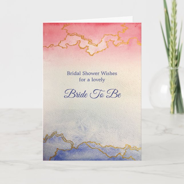 Bridal Shower Pink Blue Marble Gold Watercolor Card (Front)