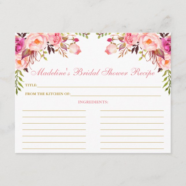 Bridal Shower Pink Blush Floral Gold Recipe Card (Front)