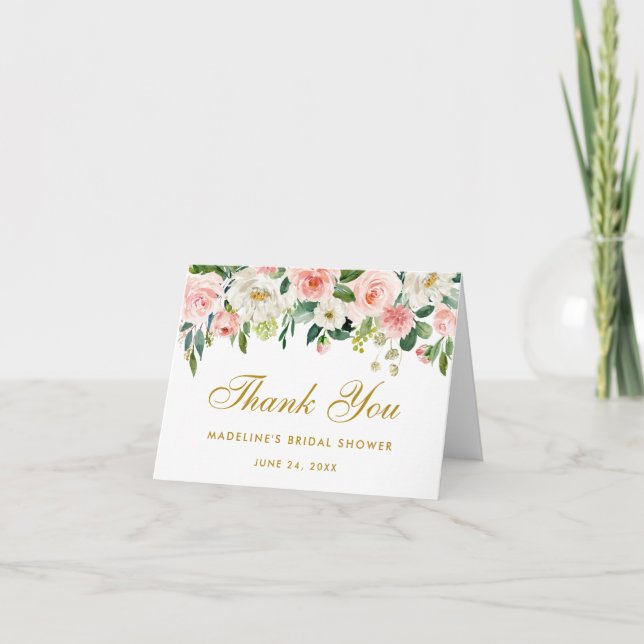 Bridal Shower Pink Blush Floral Gold Thanks Note Thank You Card (Front)