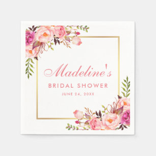 Bridal Shower Pink Blush Gold Frame Floral Napkin