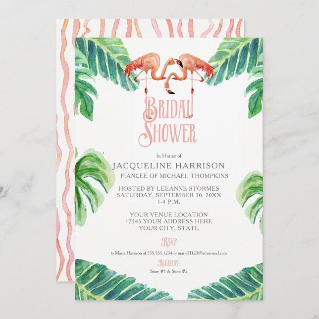 Bridal Shower Pink Flamingo Leaf Stripe Watercolor Invitation (Front/Back)
