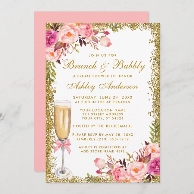 Bridal Shower Pink Floral Brunch Bubbly Glitter Invitation (Front/Back)