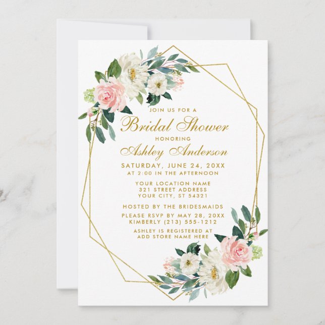 Bridal Shower Pink Floral Geometric Frame Invite (Front)