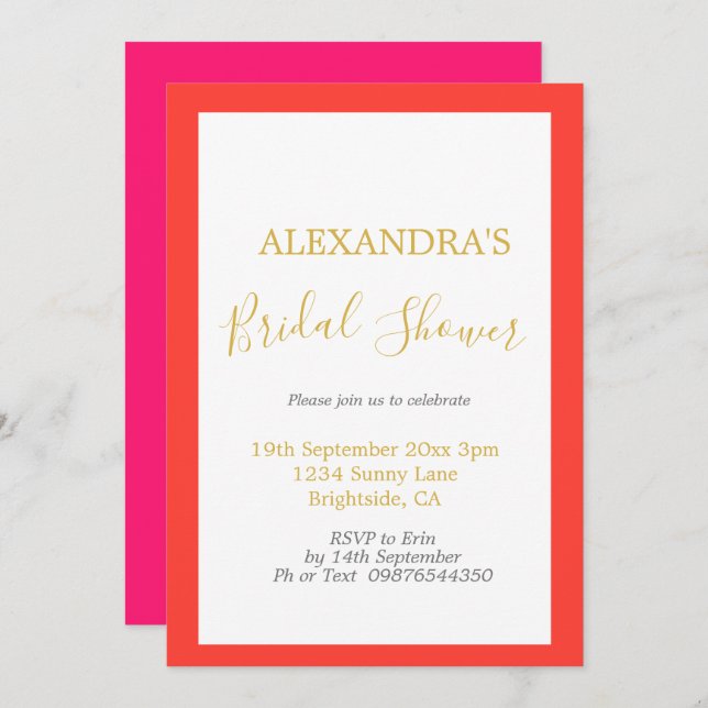 Bridal Shower Pink Orange Gold Simple Invitation (Front/Back)
