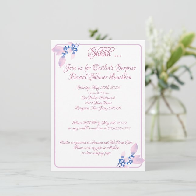 Bridal Shower, Pink Outline Watercolor Invitation (Standing Front)
