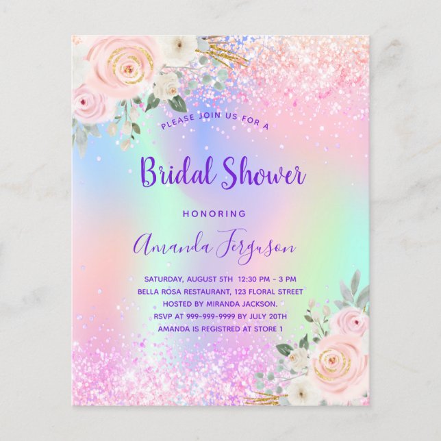 Bridal Shower pink purple glitter floral budget Flyer (Front)