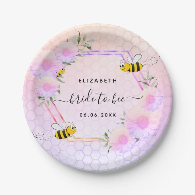 Bridal shower pink rainbow greenery bride to bee  paper plate (Front)