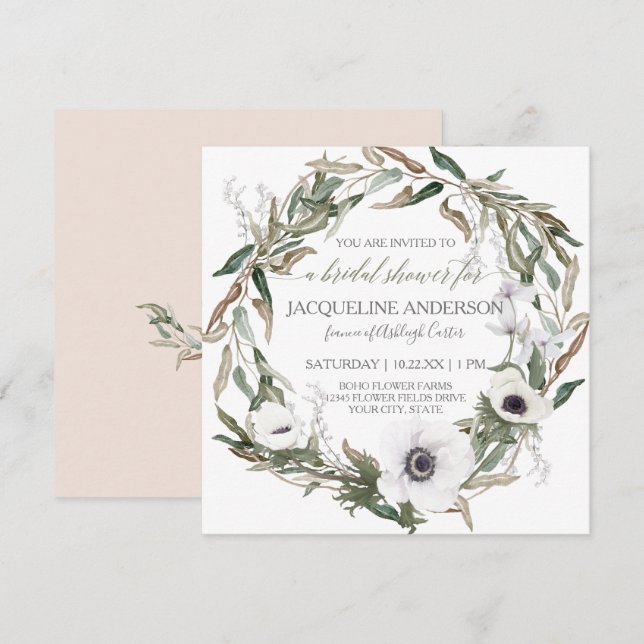Bridal Shower Pink Rustic Winery Olive Leaf Wreath Invitation (Front/Back)