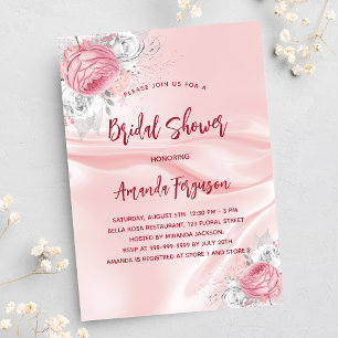 Bridal shower pink silk florals white roses invitation