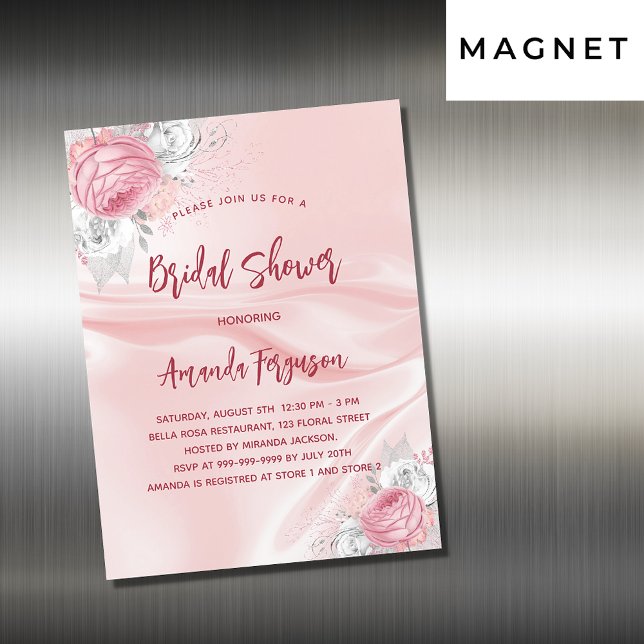 Bridal shower pink silk florals white roses luxury magnetic invitation (Creator Uploaded)