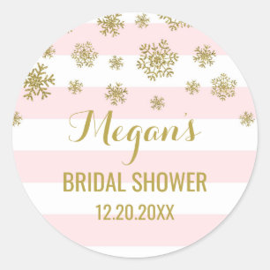 Bridal Shower Pink Stripes Gold Snow Winter Classic Round Sticker