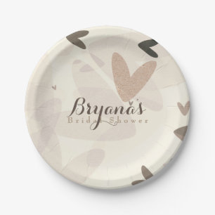 Bridal Shower Pink & Taupe Hearts Chic Party Paper Plate