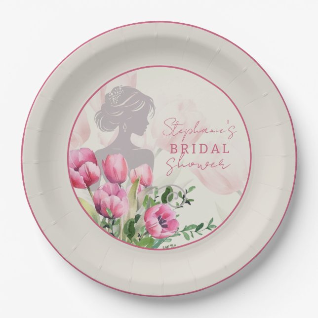Bridal Shower Pink Tulip Round Paper Plate (Front)