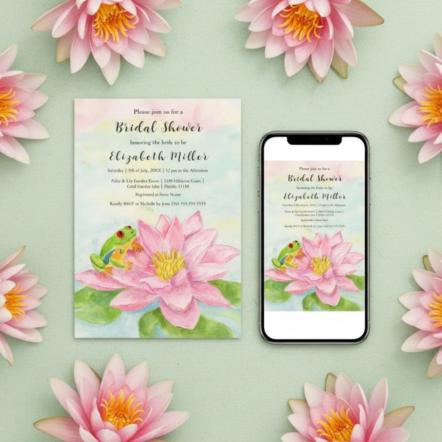 Bridal Shower Pink Waterlily & Tree Frog Invitation (Creator Uploaded)
