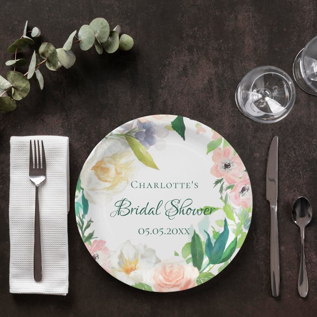 Bridal Shower pink white florals Paper Plate (Creator Uploaded)