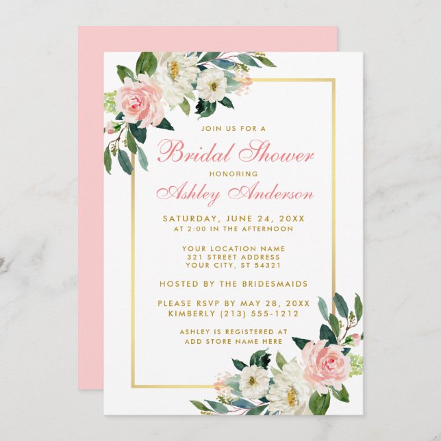 Bridal Shower Pink White Gold Floral Invitation GP (Front/Back)