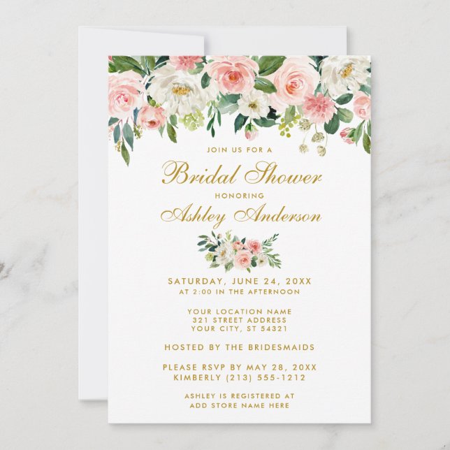 Bridal Shower Pink White Gold Floral Invite (Front)