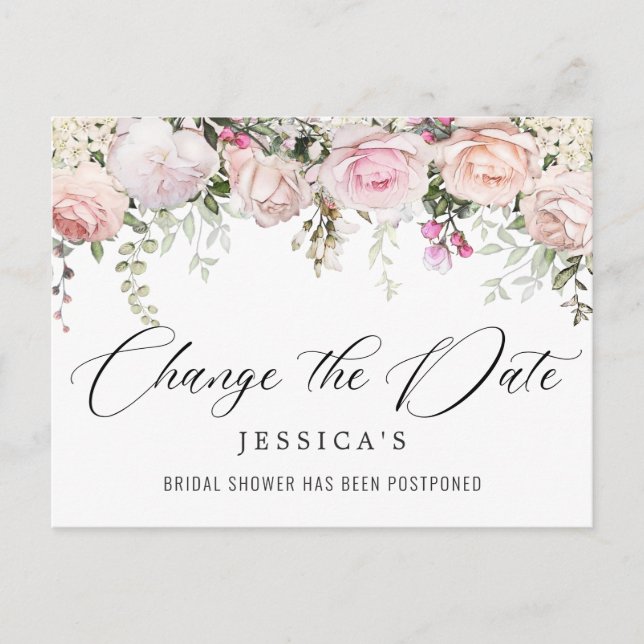 Bridal Shower Postponed Date Elegant Blush Roses Postcard (Front)