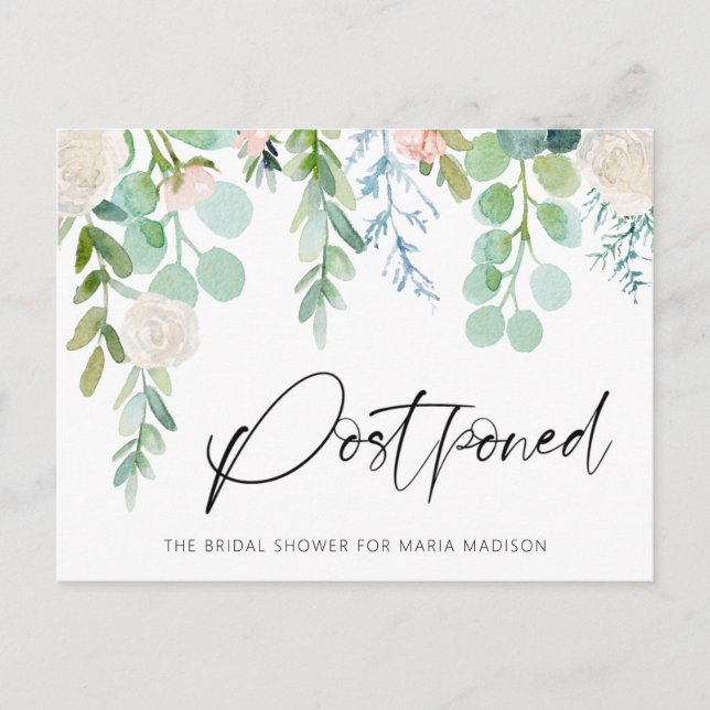 Bridal Shower Postponed Watercolor Floral Greenery Announcement Postcard (Front)