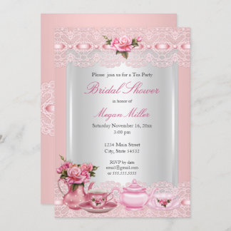 Bridal Shower Pretty Pink roses High Tea Party Invitation