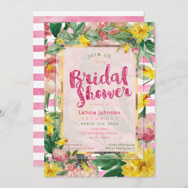 Bridal Shower | Pretty Yellow Pink Floral+Stripes Invitation (Front/Back)