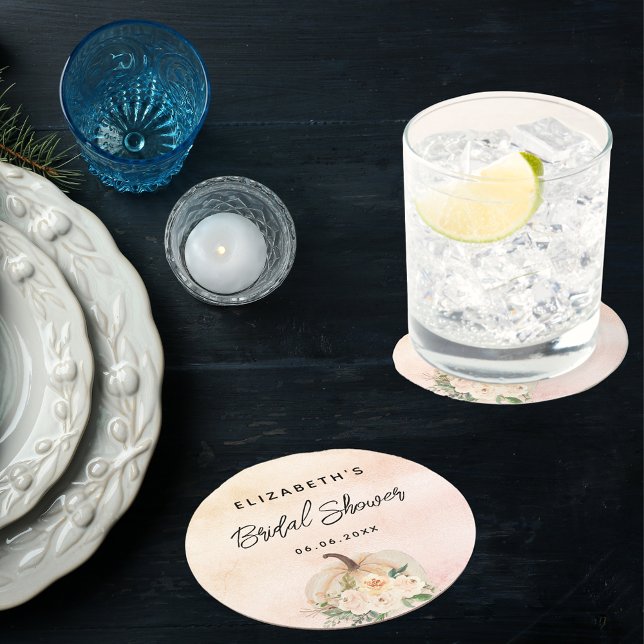 Bridal shower pumpkin fall cream rose gold round paper coaster (Creator Uploaded)