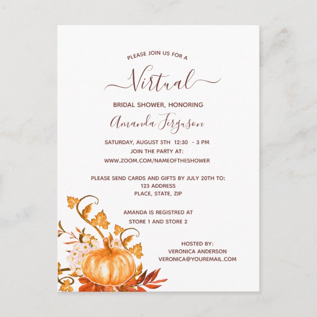 Bridal Shower pumpkin fall virtual invitation Postcard (Front)