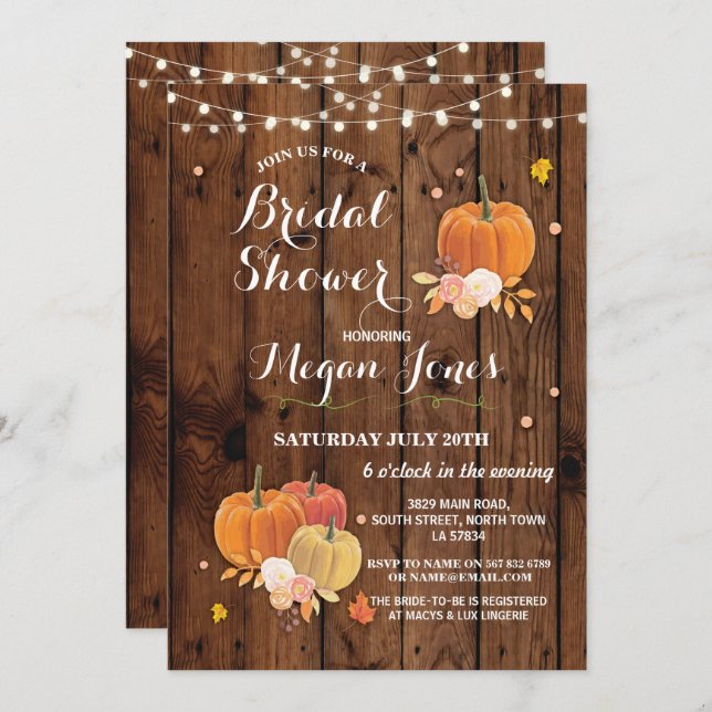 Bridal Shower Pumpkin Rustic Wood Party Invite (Front/Back)