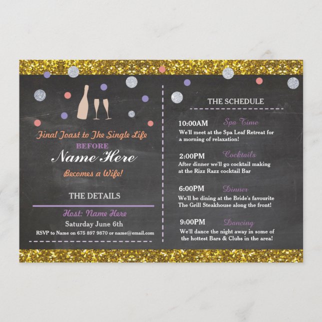 Bridal Shower Purple Chalk Itinerary Bachelorette Programme (Front)
