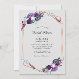 Bridal Shower Purple Floral Rose Gold Geometric Invitation