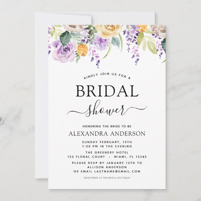 Bridal Shower Purple Greenery Botanical Invitation (Front)