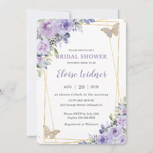 Bridal Shower Purple Lilac Floral Butterflies Invitation (Front)