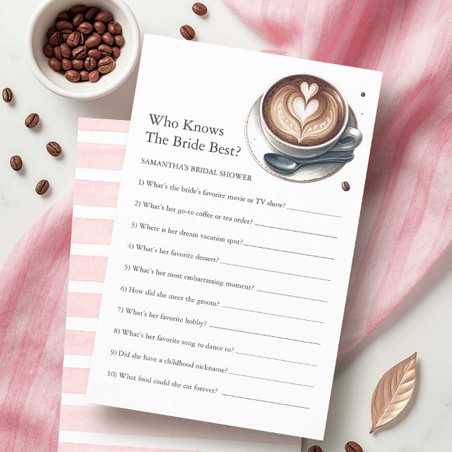 Bridal Shower Questions Game Pink Coffee Theme Flyer (Bridal shower games pink love is brewing coffee theme with heart shaped latte)