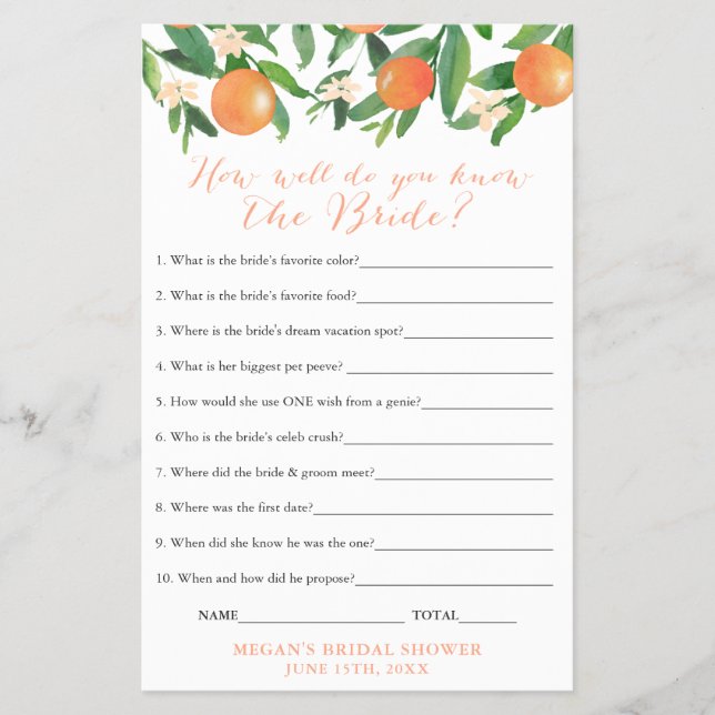Bridal Shower Quiz Game Card, Who Knows Her Best? Flyer (Front)