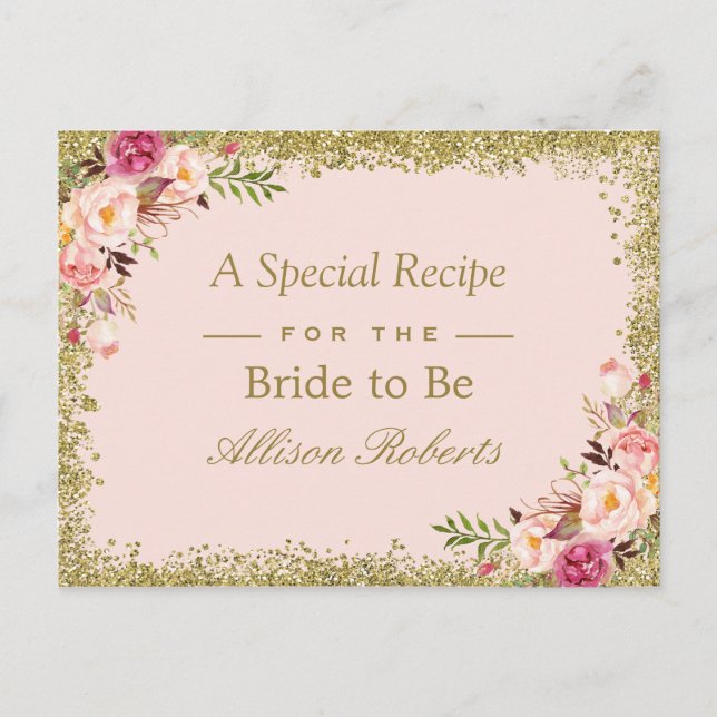 Bridal Shower Recipe Blush Gold Glitters Floral Postcard (Front)
