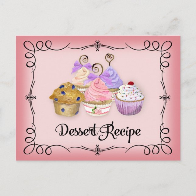 Bridal Shower Recipe Card Cupcakes Scrolls Retro (Front)