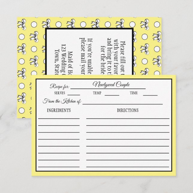 Bridal Shower Recipe Card Dots Bows Butter Yellow (Front/Back)
