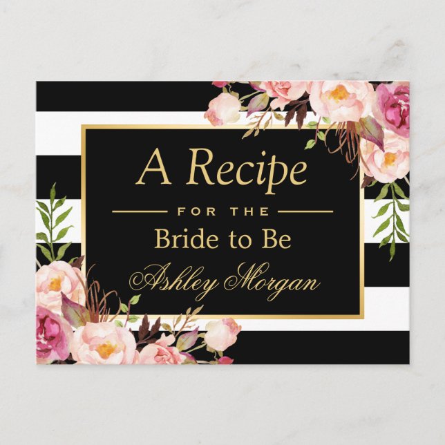 Bridal Shower Recipe Card Vintage Floral Stripes (Front)
