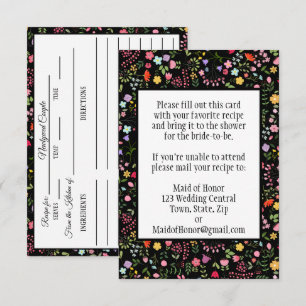 Bridal Shower Recipe Card Wildflowers on Black