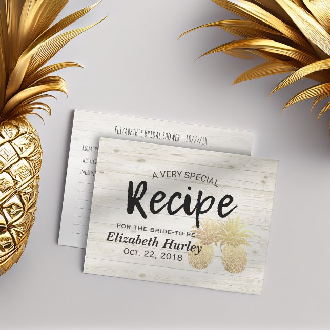 Bridal Shower Recipe Golden Pineapple Couple Wood Invitation Postcard (Creator Uploaded)