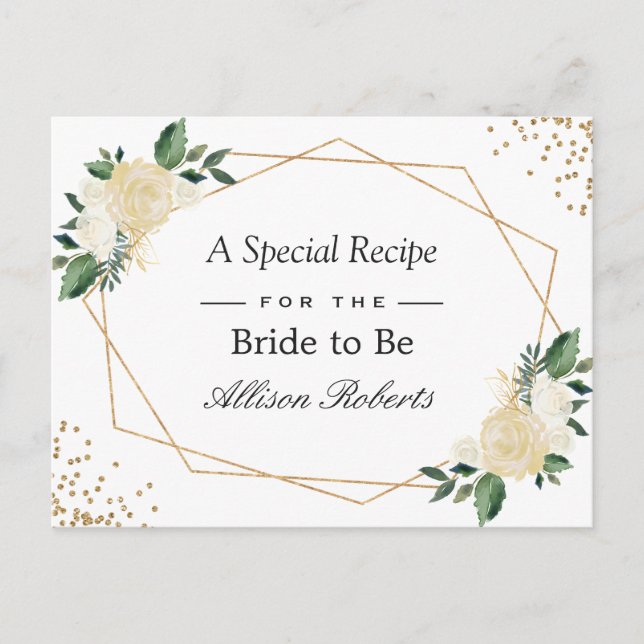 Bridal Shower Recipe Nature Green Gold Floral Postcard (Front)