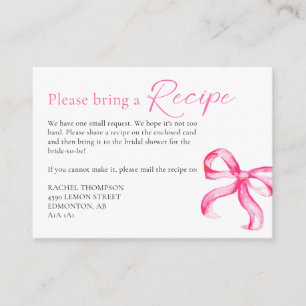 Bridal Shower Recipe Request Pink Bow Ribbon Enclosure Card
